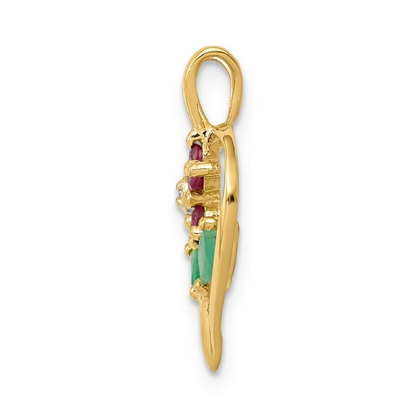 14k Yellow Gold Siam Ruby/Emerald/Diamond Flower in Heart Necklace Charm Pendant - Picture 2 of 4